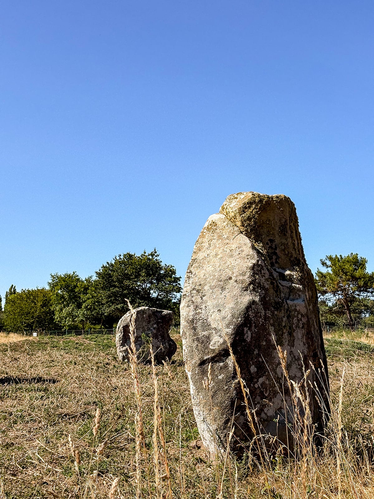 Menhir en plein champ sous ciel bleu